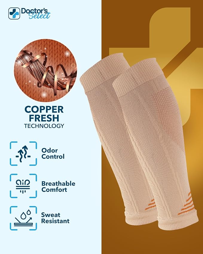 Doctor's Select 2 Pairs Copper Calf Compression Sleeve - Leg Compression Sleeves for Women & Men, Shin Splint Relief