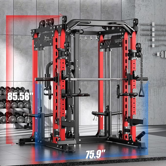 Smith Machine with Cable Crossover System, Multi-Function Power Cage Squat Rack for Home Gym, Power Rack and Packages Weight Sets.