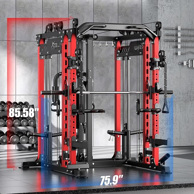 Multi-Purpose Squat Rack,Smith Machine Weight Rack Set with Cable Crossover System, Home Gym Power Racks, Power Racks and Packages