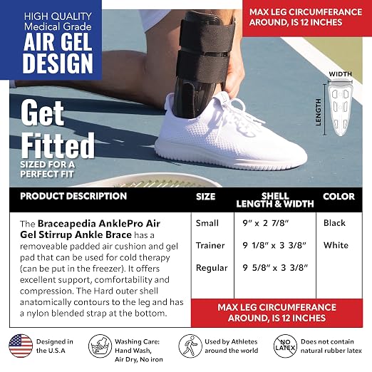 AnklePro Air Cushion Stirrup Ankle Stabilizer Brace - Removable Cold Therapy 3-Strap Rigid Stirrup Ankle Splint w/Gel Pad for Women & Men - Lateral Support for Stability, White, Regular