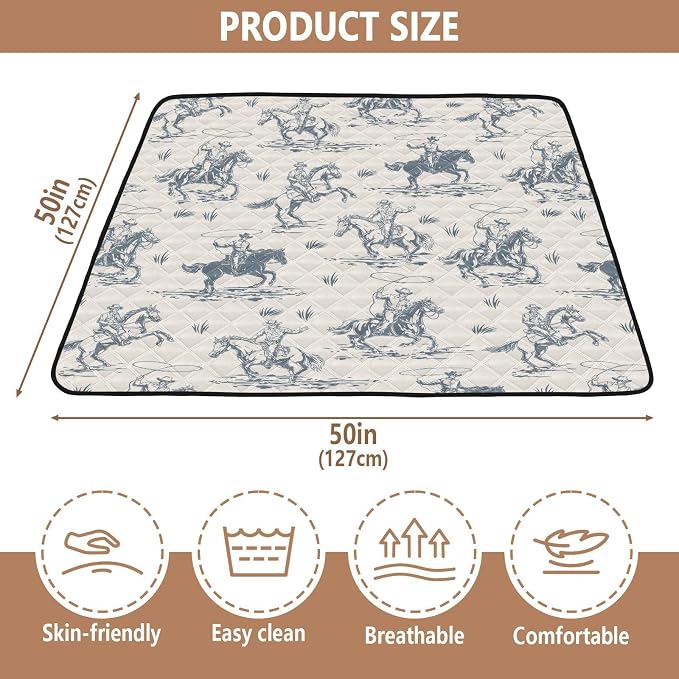 Baby Play Mat Western Cowboy Horse Retro 50" X 50" Play Gym Crawling Mat Soft Non-Slip Portable Picnic Floor Mat for Infant, Babies, Toddler, Kids