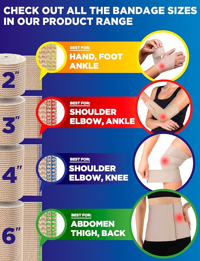 Premium Elastic Bandage Wrap - 6” (10pk) - Self-Closing Compression Bandage | Reusable Bandage Wrap for Leg, Ankles, Wrists, and Knees - For First Aid Kit and After Surgery Recovery - Latex Free