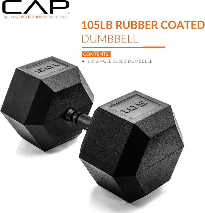 CAP Rubber Coated Dumbbell Weights, Free Weights for Home Gym Strength Training, Anti-Roll Hex Dumbbells with Black, Chrome & Comfort Grip Handles, Singles