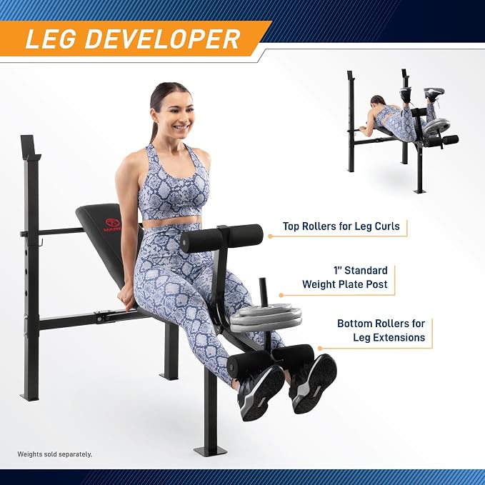 Marcy Standard Weight Bench with Leg Developer - Adjustable 5-Position Back Pad (Flat, Incline, Decline) - Home Gym Strength Training Equipment- MWB-6501