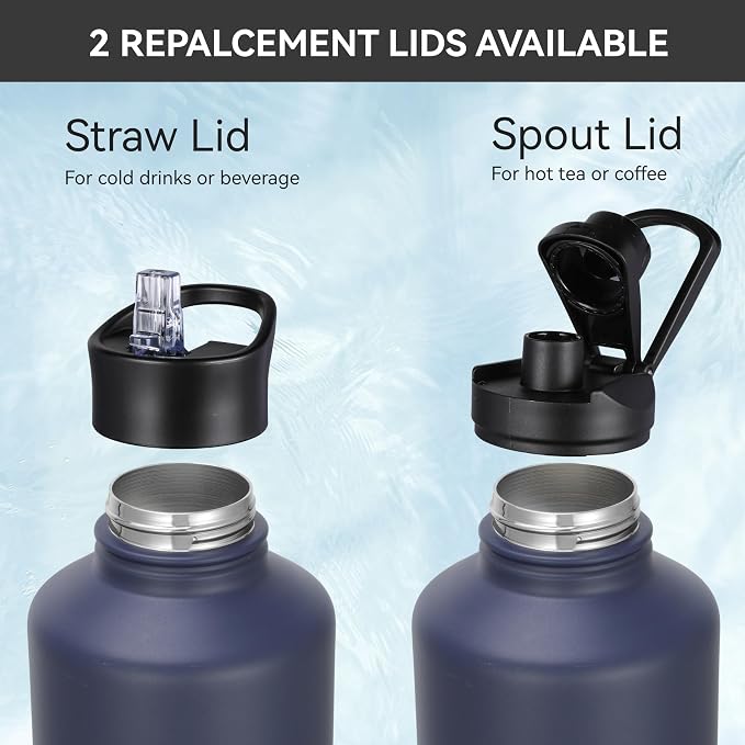 HASLE OUTFITTERS Half Gallon Insulated Water Bottles 64 oz, Stainless Steel Metal Water Jug with 2 Lids Keep Cold 48h/Hot 24h, Leak Proof & BPA-Free Water Flask Jug(Navy,1)