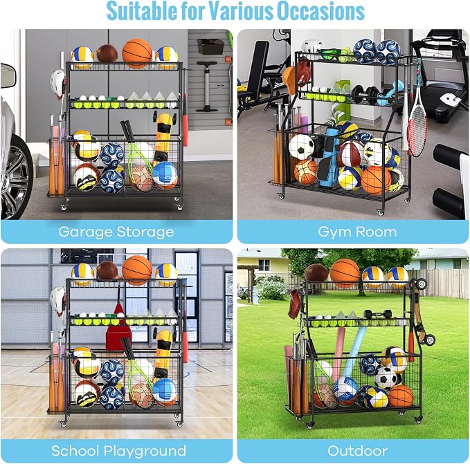 Sports Equipment Garage Organizer - Heavy Duty Garage Organization Ball Storage Rack with Basket, Hooks and Rolling Cart for Sports Gear and Toy Storage, Indoor/Outdoor Use, Black