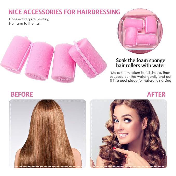 Syhood 48 Pcs Foam Hair Rollers for Overnight Styling Flexible Sponge Heatless Curlers and Rat Tail Comb for Short/long Hairs Women Hairdressing Styling(Pink,1.57 inch)