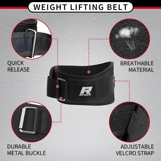 RitFit Weight Lifting Belt 6 Inch for Squats Deadlift Strength Training | Padded Lumbar Support, Self-Locking Gym Belt for Men & Women, Squats, Lunges, Deadlift, Thrusters