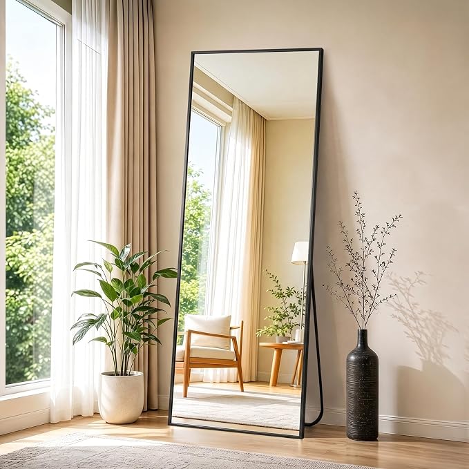 NEWBULIG 64"x21" Full Length Mirror, Full Body Standing Mirror, Black | Leaning or Standing, Tempered Glass, Aluminum Alloy Thin Frame Floor Stand for Bedroom, Cloakroom