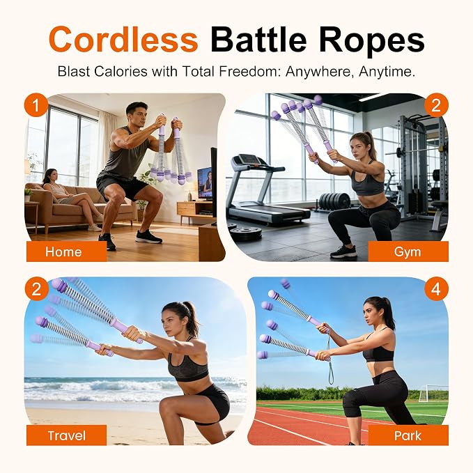 Adjustable Ropeless Battle Ropes, Portable Cordless Battle Ropes for Home Gym, Workout Equipment Exercise Rope for Low-Impact Workout, Strength & HIIT, for Men & Women (Purple)