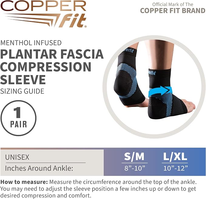 Copper Fit ICE Plantar Fascia Compression Foot and Ankle Sleeve Infused with Menthol, 1 Pair