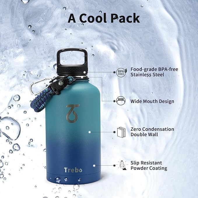 Trebo 64 oz Water Bottle Stainless Steel with 3 Lids, Paracord Handle & Bag | Half Gallon Large Insulated Jug, Triple Wall Vacuum Copper Plated, Dishwasher Safe, Cold 48Hrs for Outdoor, Hiking, Gym