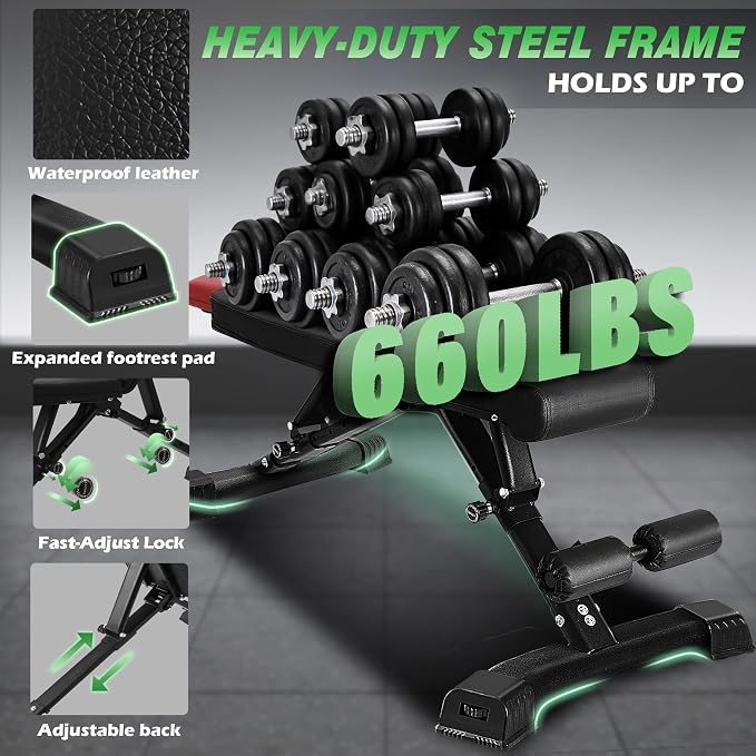 Adjustable Weight Bench 32 In Backrest | Foldable Workout Bench for home gym 660 LBS Incline/Decline Bench Press Exercise Equipment 85°to -30°FID