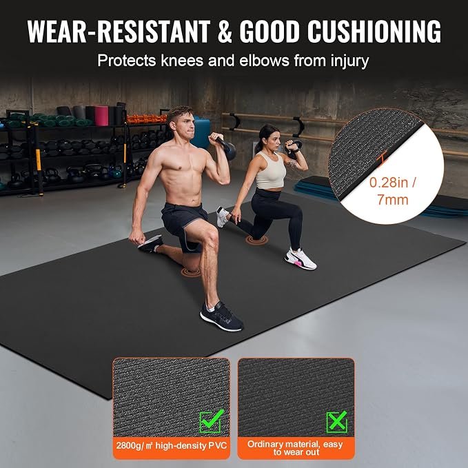 VEVOR Large Exercise Mat, 12'x6'/10'x6'/9'x6'/8'x6'/8'x5'/7'x5'/6'x4' (7mm) Extra Thick, Non Slip High Density Premium Workout Mat, Exercise Yoga Mat for Men & Women, Fitness & Exercise Mat with Bag & Carry Strap, for All Types of Home Yoga, Pilate & F...