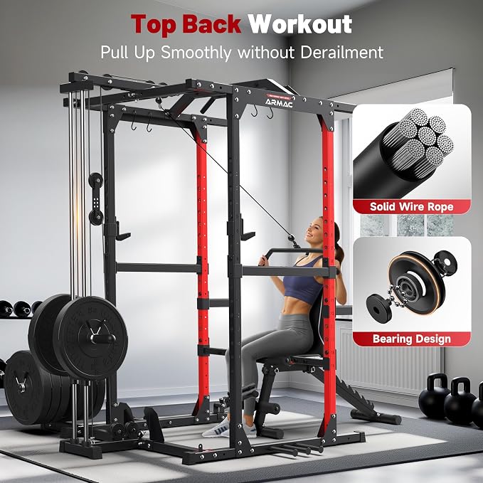 ARMAC Power Cage,1500lbs Multi-Function Power Rack with Adjustable Cable Crossover System and More Training Attachment, Weight Cage for Home Gym