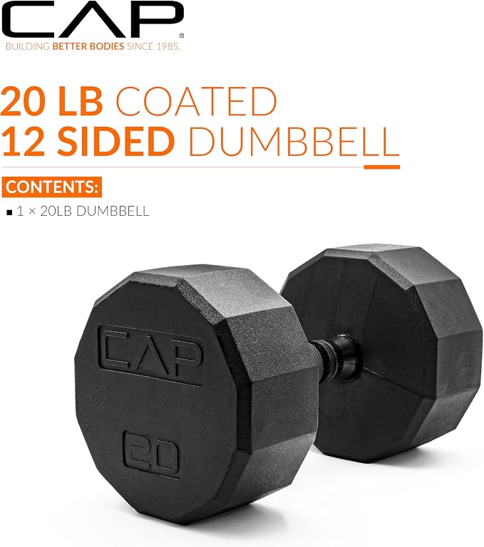 CAP Rubber Coated Dumbbell Weights, Free Weights for Home Gym Strength Training, Anti-Roll Hex Dumbbells with Black, Chrome & Comfort Grip Handles, Singles