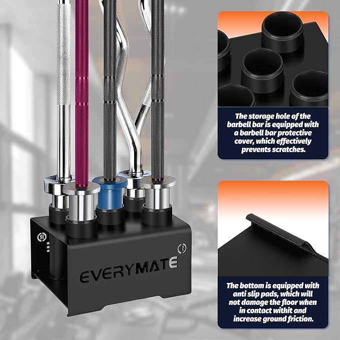 EVERYMATE Vertical Barbell Rack - Heavy-Duty Steel Organizer, Barbell Holder Floor Stand, Fits 2" Olympic Bars with Scratch-Resistant Inserts, Space-Saving for Home/Garage/Commercial Gym