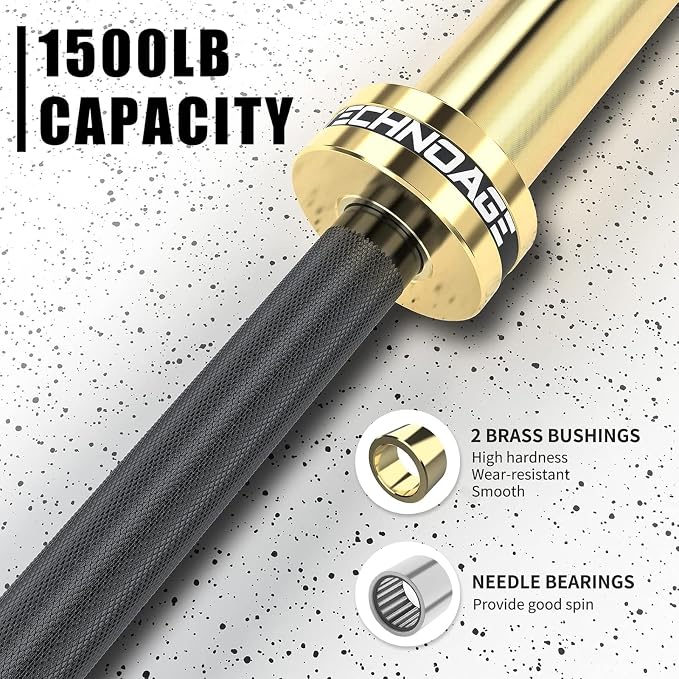 TECHNOAGE 7FT Heat-Treated Alloy Steel Olympic Barbell, 1500LB | 45LB bar with 28mm knurled grip, needle bearings, hard chrome finish, and 2-inch plate fit