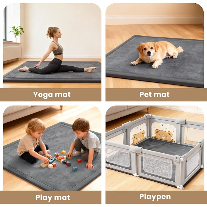 ACOMOPACK Baby Play Mat for Floor 1.3" Thick Memory Foam Play Mat 79"×157" Tummy Time Crawling with Non-slip Bottom for Living Room,Nursery,Soft Velvet Playpen Mats for Kids,Infants（Dark Grey）