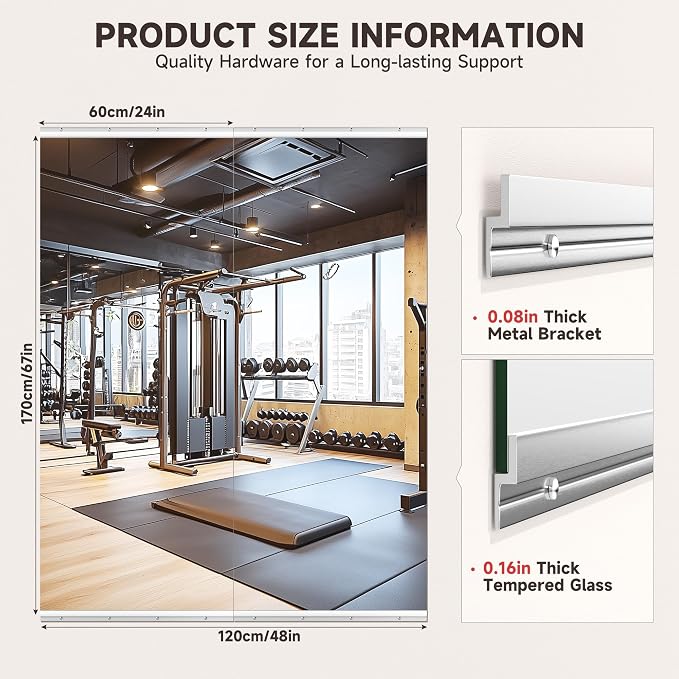 Home Gym Mirror, 67" x 24", 2PCS Large Full Body Mirror for Yoga, Shatterproof HD Frameless Tempered Glass, Wall-Mounted Wall Mirrors for Home Gym, Workout, Garage, Dance Studio