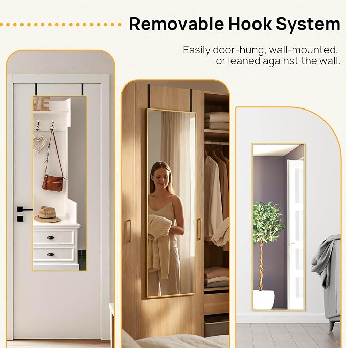 Alpen Gold Over The Door Mirror, 47x14 Inches Full Body Mirror Full Length | No Drill Closet Mirror for Bedroom, Space Saving Door Mount Design for Apartment Decor Outfit Checks