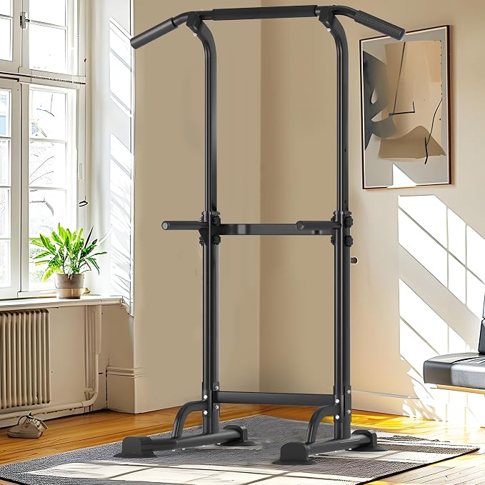 Adjustable Power Tower Pull Up Bar Dip Station, Free Standing Pull Up Rack Dip Station for Home Gym, 400LBS Capacity Height Heavy Duty Multi-Function Home Strength Training Fitness Workout Equipment