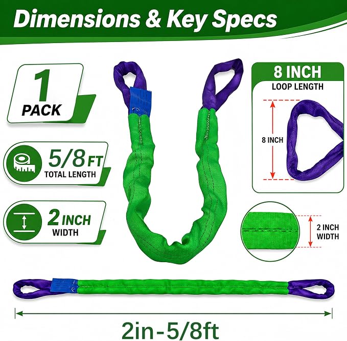 2" x 8' Lifting Sling Straps Polyester Web Slings 4400 Lbs Vertical, 3520 Lbs Choker, 8800 Lbs Basket (Green/Purple)