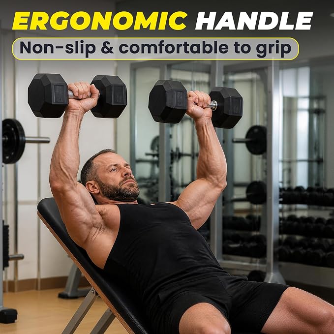 HulkFit Rubber Coated Hex Dumbbells, Anti-Roll Hand Weights, Non-Slip Ergonomic Handle Low Odor for Home Gym