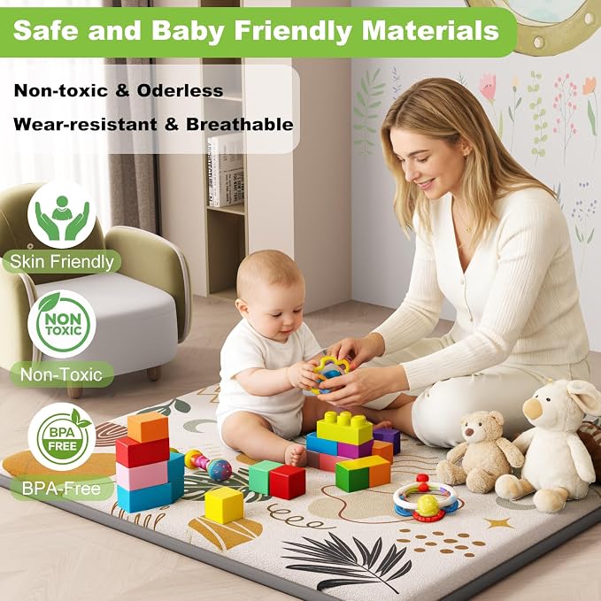 1.3" Thick Baby Play Mat for Floor, Elasti-Foam 71x59 Playpen Mat, Water Repellent Ultra Soft Coral Velvet Tummy Time Crawling Mats for Kid Toddlers Infants, Non-Slip Backing Safe for Earth Tones