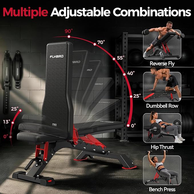 FLYBIRD WB7 Weight Bench, 1300LBS Commercial Adjustable Weight Bench, Workout Bench for Home Gym, Flat Incline Bench Press Heavy Duty Bench with 34'' Extra-Long Backrest and Easy-Roll Wheels