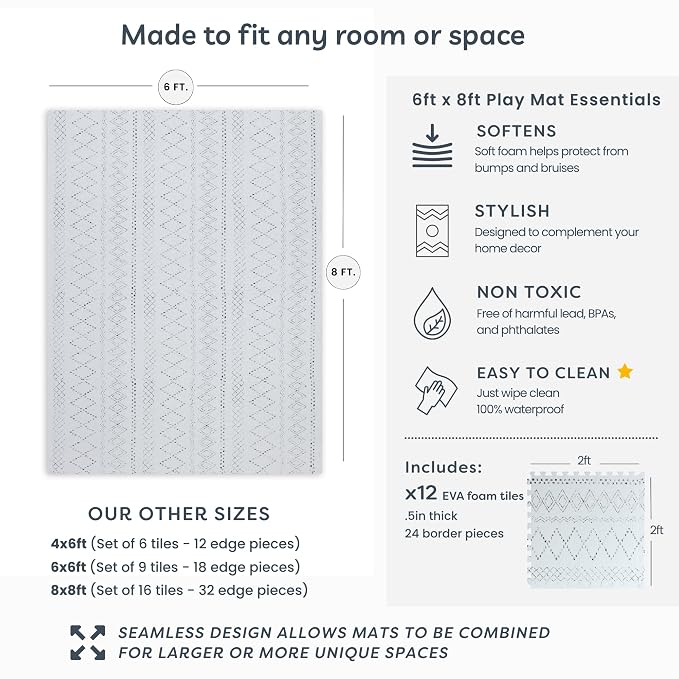 Little Landings Baby Play Mat for Floor - Boho (6x8ft) - Premium EVA Foam Play Mat for Babies & Toddlers (Ages 0-5+) - Non-Toxic Playmat for Tummy Time, Crawling & Playroom - Stylish & Comfortable