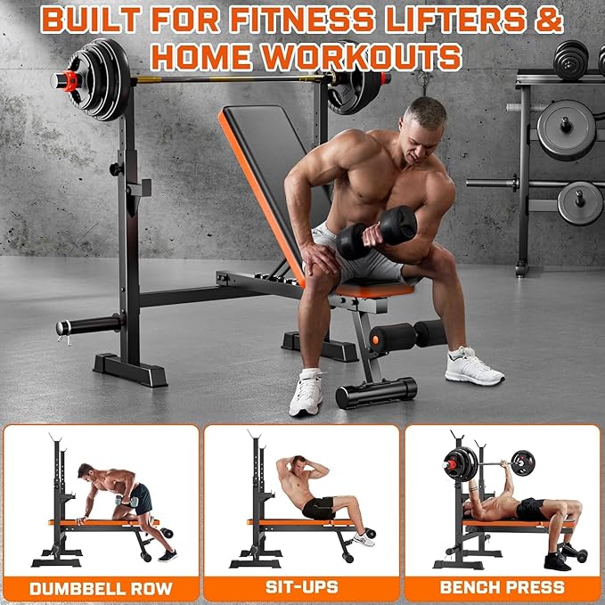 Fostoy Olympic Weight Bench with Lat Pulldown, Squat Rack & Leg Curl | Adjustable,Cable Row, Squat Rack, Leg Developer, Preacher Curl, Multi-Angle Backrest, Full Body Strength Training