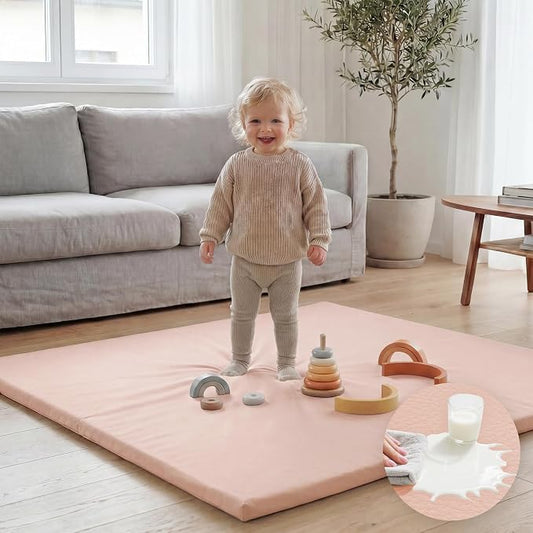 Huloo Sleep Baby Play Mat 47x47 Inches, 1.3" Thick Padded Waterproof Floor Cushion & Playpen Mat with Vegan Leather, Non-Slip & Non-Toxic Nursery Rug for Infants, Toddlers & Kids(Pink)