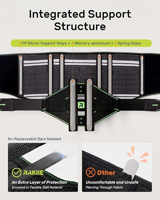 Rakiie Back Brace for Lower Back Pain Relief, 8X Powerful Lumbar Support with 3D Pad, Support Belt for Men Women, Breathable Back Support Brace with Adjustable Strap, Green Size S