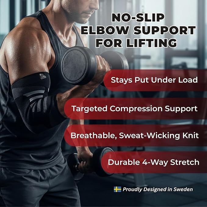 Nordic Lifting Elbow Compression Sleeve & Brace for Weightlifting | These elbow compression sleeves provide support that holds firm through weightlifting and strength training during gym days