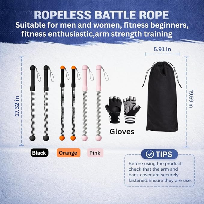 Cordless Battle Ropes (2 PCS) – Portable Weighted Ropeless Battle Rope Sticks with Hand Gloves for HIIT Workout, Home Gym Strength & Cardio Training (Black & Orange)