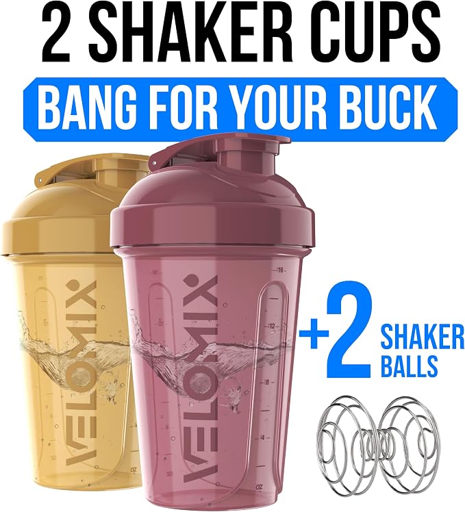 VELOMIX 2 Pack 20oz Protein Shaker Bottle for Protein Mixes, Berry Surf | 2x Wire Whisk, Leak Proof Shaker Cups for Protein Shakes, Stackable, Dishwasher safe, BPA free, Pre Workout and Fitness ready