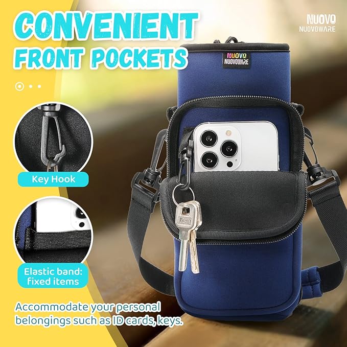 Nuovoware Water Bottle Carrier Bag, 25oz/32oz, Navy blue | Adjustable Shoulder Hand Strap, 2 Pocket, Neoprene Sleeve, For Hiking Travelling Camping