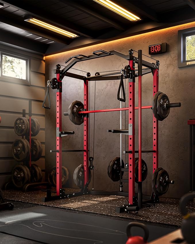Garvee Power Cage with Cable Crossover System, Power Rack for Home Gym | 1600 Lb Capacity, Carbon Steel Squat Machine with LAT Pulldown Pulley System, J-Hooks, Dip Handles, Landmine Attachment