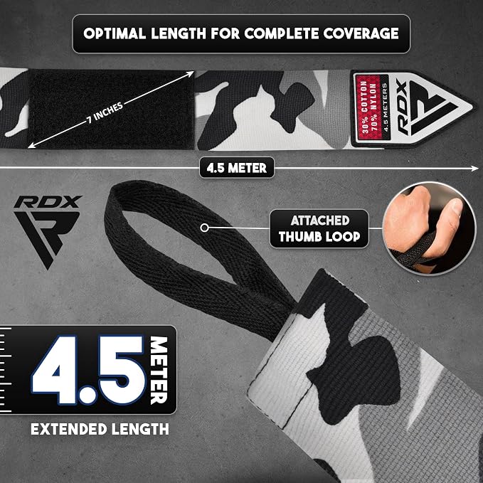 RDX Boxing Hand Wraps 4.5M / 180 Inches – Mexican Style Semi-Elastic MMA Inner Gloves - Wrist Support for Muay Thai, Kickboxing, BJJ, Karate - Thumb Loop & Hook and Loop Closure - Cotton & Nylon Blend