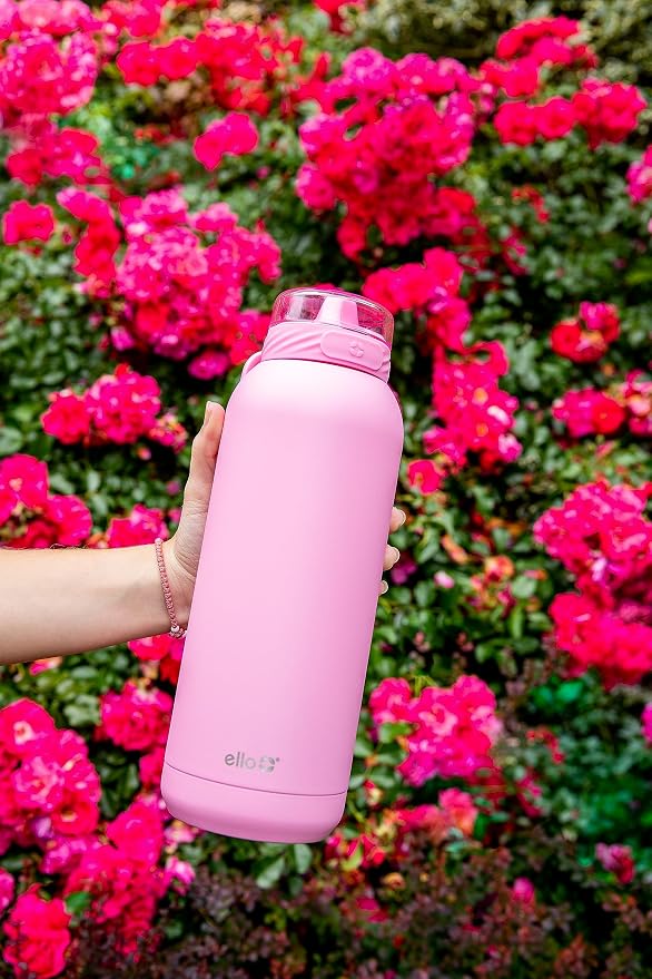 Ello Cooper 32oz Stainless Steel Water Bottle with Straw and Carry Handle, Double Walled and Vacuum Insulated Metal, Leak Proof Locking Lid with Soft Silicone Spout, Reusable, BPA Free, Bubblegum