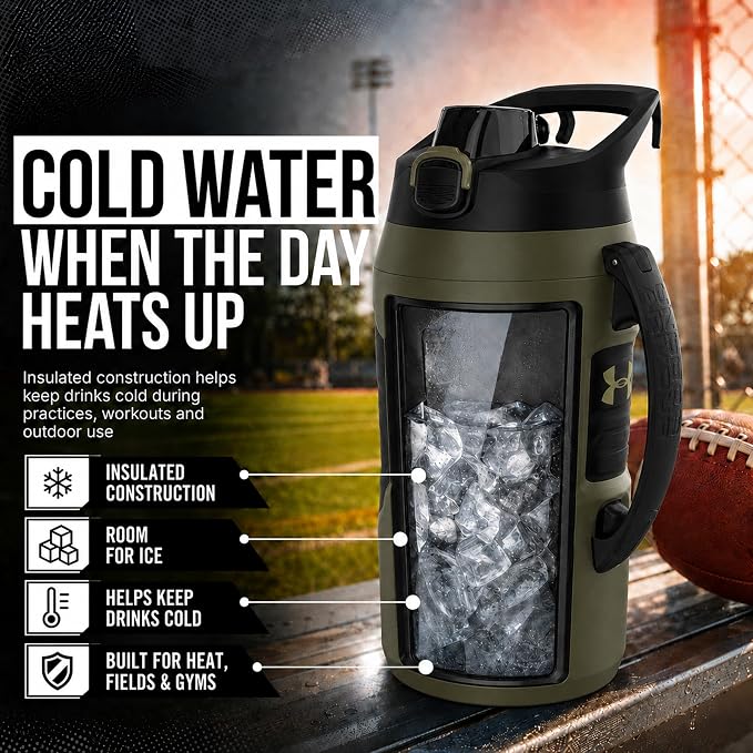 Under Armour Insulated Water Bottle with Handle & Fence Hook, Half Gallon Sports Water Jug, Leak-Resistant & BPA-Free for Baseball, Football & Gym - Marine OD Green, 64oz