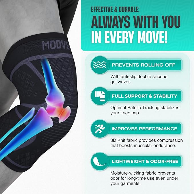Modvel 2 Pack Knee Brace for Women & Men - Workout Knees Compression Sleeve for Knee Pain Relief Joint Support for ACL, Arthritis, Meniscus Tear Knees Brace for Sports, Rodilleras para Gym Fitness