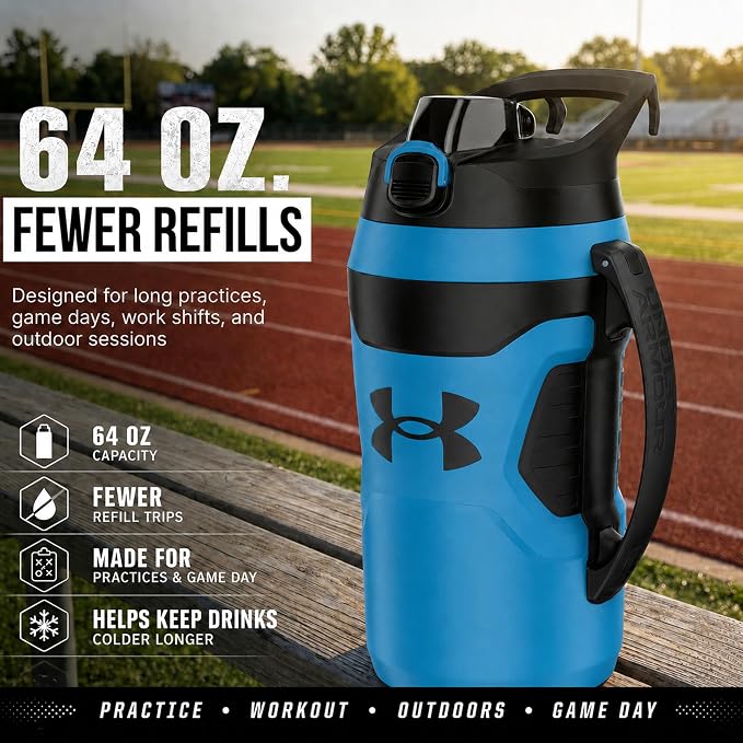 Under Armour Insulated Water Bottle with Handle & Fence Hook, Half Gallon Sports Water Jug, Leak-Resistant & BPA-Free for Baseball, Football & Gym - Ether Blue/Ether Blue, 64oz
