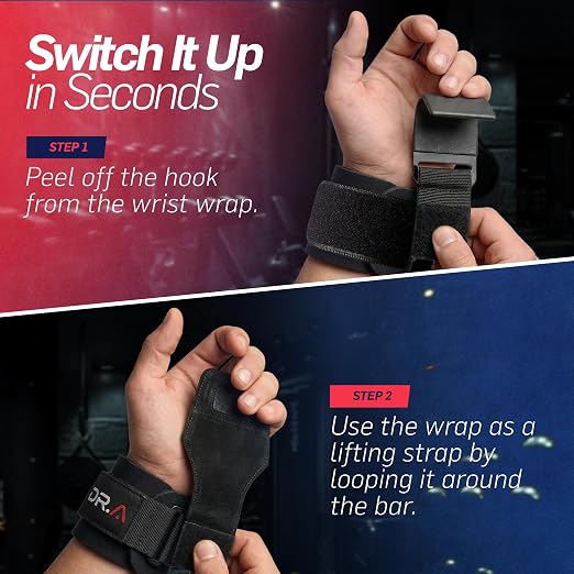 Dr. Arthritis Doctor Developed 3-in-1 Lifting Straps, Hooks & Wrist Wraps - Switch Between Modes in Seconds - Heavy Duty Grips for Bodybuilding, Powerlifting, Deadlifts, Pull-Ups & Rows (Pair, Black)