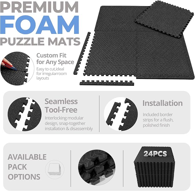 HulkFit Puzzle Exercise Mat, 3/4 Inch EVA Interlocking Foam Gym Flooring for Home Gym, Garage, Apartments, High-Density Shock-Absorbing Floor Tiles for Workout Equipment, MMA, Gymnastics, 24 Tiles