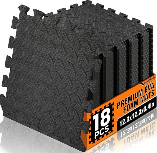 18 Tiles EVA Puzzle Exercise Floor Mats Set, Interlocking Foam Gym Tiles | 12.6"x12.6"x0.4", Water-Resistant Flooring for Home Gym, Workout Equipment, Kids' Play Areas, Garage Playroom - Black