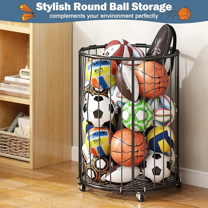 Hencawima Garage Ball Storage: Round Sports Equipment Organizer with Wheels, Sports Ball Rack With Elastic Rope, Ball Holder for Basketball, Soccer, Volleyball, Football, Garage, Gym, Outdoor (Black)