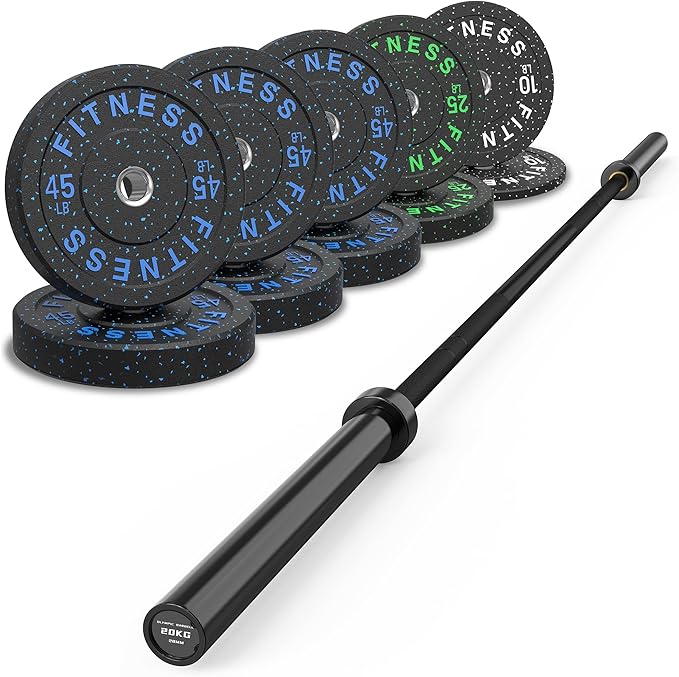 HANDBODE Olympic Barbell Set, 2-Inch Bumper Plates with Weight Plate Rack | Colored Crumb Rubber Weight Plates for Weight Lifting & Strength Training, 90–530 lb Set with 45 LB (20 kg) Olympic Barbell