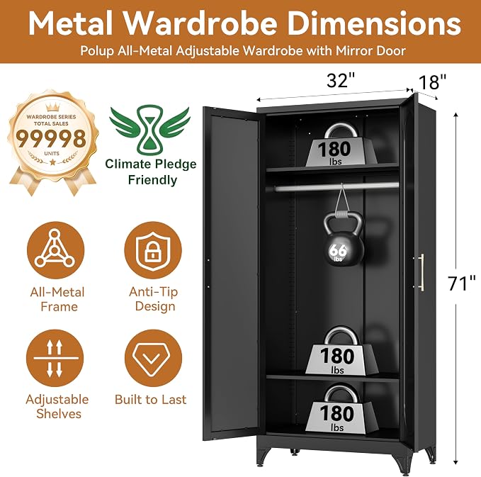 Polup Metal Armoire Wardrobe Closet with Mirror, Clothing Storage Cabinet | 71" Heavy Duty Steel Wardrobe Cabinet with Hanging Rod & Adjustable Shelves for Bedroom, Office, Clothes Organizer, Black